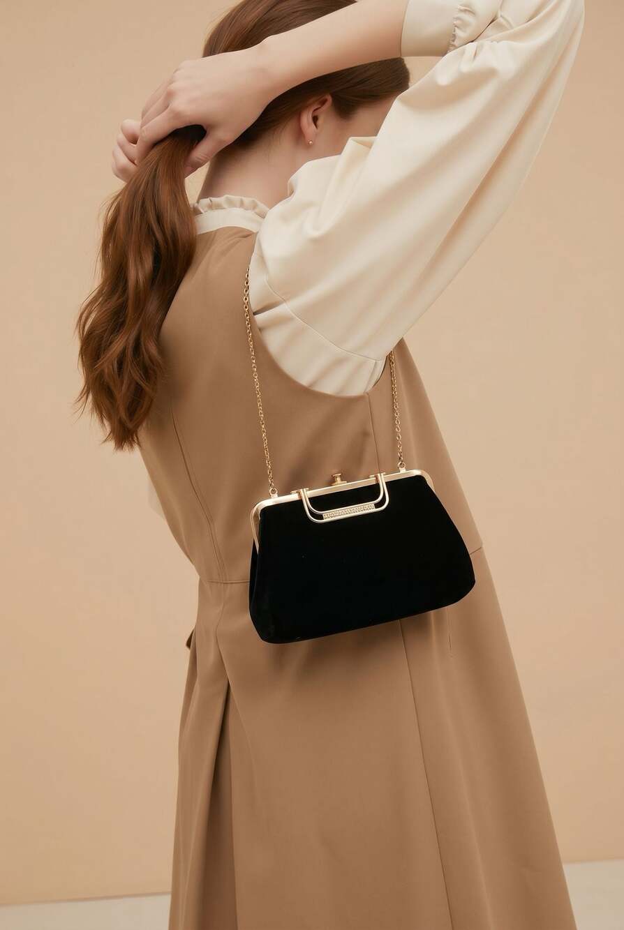 Vintage Black Velvet Evening Clutch with Gold Tone Chain and Rhinestone Detail